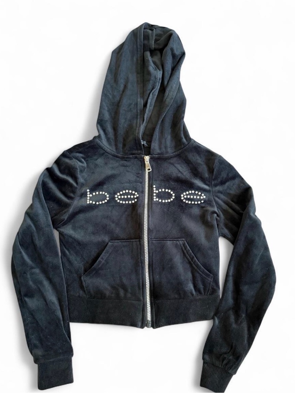 bebe Black Velour Crystal Logo Zip Hoodie